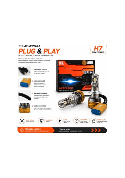 H7 A90 Led Xenon 55w 8200lm Optik Lensli 6500k Beyaz Işık Far Ampulü