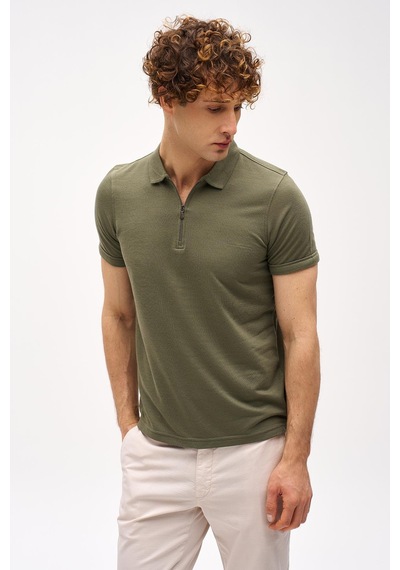 Açık Yeşil Slim Fit Dar Kalıp Fermuarlı Polo Yaka Düz Kısa Kollu Tişört-16406 Yeşil