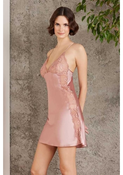 Pierre Cardin Saten Dantelli Gecelik Sabahlık Takım 4438 Brndy 001