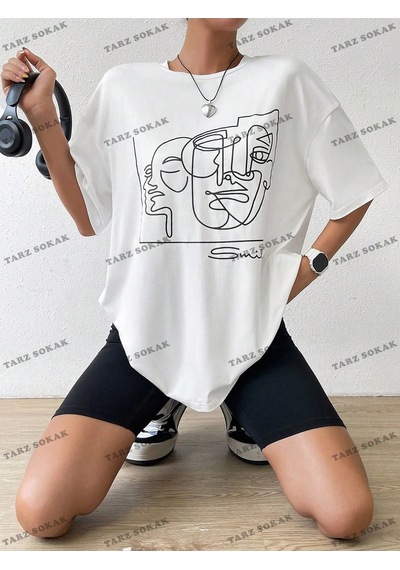 Startmore Unisex Bay Yaz Beyaz Y2k Soyut Şekil Grafik Damla Omuz Tee Grafik Gömlek Kod-1360 Beyaz