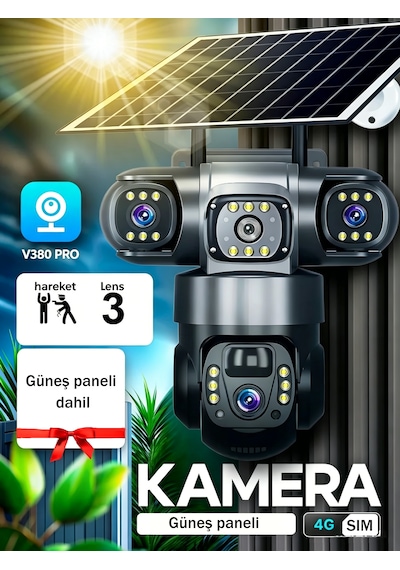 3 Kamera + Güneş Paneli 4k 4g Sım , Uzaktan Kontrol V380pro , Hareket Algılama, Gece Görüş Her Yerde Kullanım İç Ve Dış Mekan