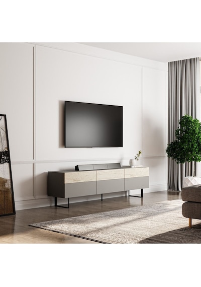 Sign Kapaklı Tv Ünitesi, Tv Sehpası - Metal Ayak - Gri/traverten - Gri Gri