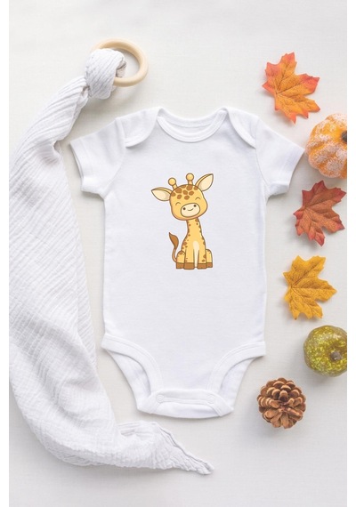 Tuğba Baby Özel Tasarım Sevimli Zürafa 1 Bebek Body Beyaz Badi Zıbın Beyaz