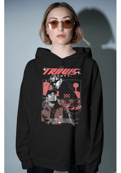 Sevbano Travis Scott Rapper Şarkıcı Ön Baskılı Unisex Oversize Premium Ho Siyah