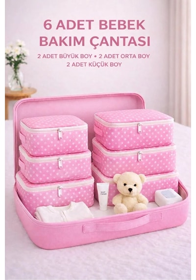 Serstil 6 Parça Doğum/hastane Çıkış Çantası Bebek Bakım Hurç Vve Çanta Seti - Pembe Benekli Pembe Puantiye
