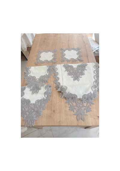 Salon Takımı Çeyizlik Kreme Gri Runner Set 5 Parça Keten Ranır Masa Konsol Sehpa Örtüsü Helena Bzckh1963 Çok Renkli