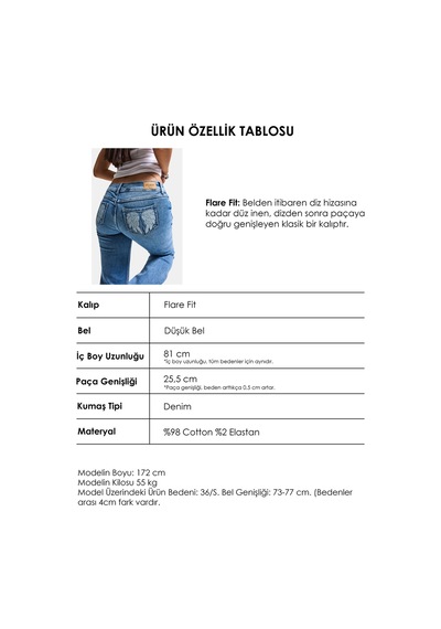 Itsbasic Kadın Mavi T-4s6-4 Flare Fit Düşük Bel Taş Detaylı Özel Tasarım Denim Jean