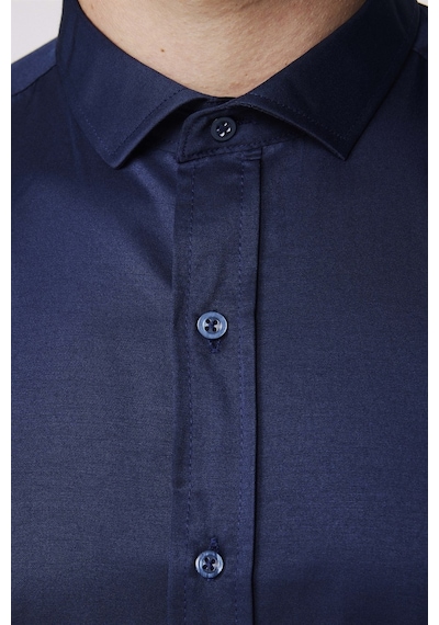 Tudors Modern Slim Fit Düz Saten Pamuklu Erkek Lacivert Gömlek-27728-lacivert Lacivert