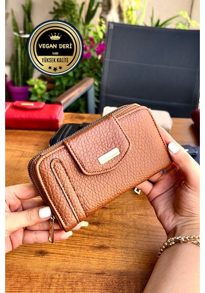 Lavinia Taba Vegan Deri Kadın Cüzdan Fermuarlı Ve Mıknatıslı 16x9 Cm Kahverengi