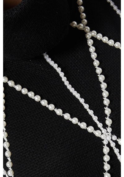 Izaak Azanei Pearl Embellished Turtleneck Sweater, Şık Ve Lüks Kadın Triko Kazak Siyah