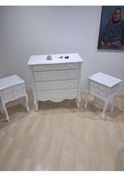 Şifonyer 2 Adet Komodin 90668 Model Aslan Ayak Kayın Parlak Beyaz Porselen Kulp
