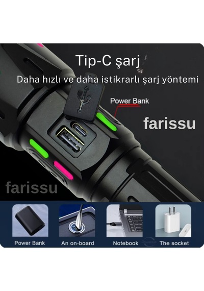 Rt-063 B 60w 6000 Lümen Ultra Güçlü Beyaz Lazer Led El Feneri - 2 Km Menzilli & Powerbank Özellikli Siyah