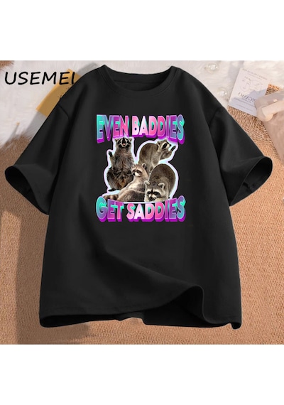 Flood Of Style Erkek Pamuk T-shirt Bile Baddies Olsun Saddies Rakun Komik Garip Belirli Meme Grafik Baskılı Siyah