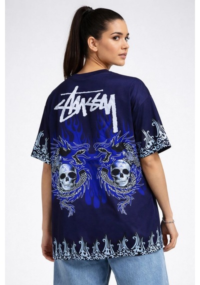 Wear Vexel Kadın Oversize Tişört Dragon & Kuru Kafa Baskılı Bisiklet Yaka T-shirt - Lacivert Lacivert Wear Vexel Kadın Oversize Tişört Dragon & Kuru Kafa Baskılı Bisiklet Yaka T-shirt - Lacivert Lacivert