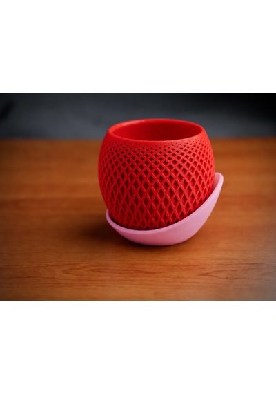3d Baskı Küre Saksı - Kafes Dokulu İki Parçalı Dekoratif Saksı - Kırmızı-pembe