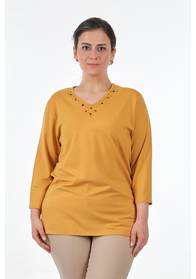 Desen Oversize V Yaka 3/4 Kol Kadın Bluz - Minimalist Tarz Bal