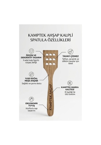 Kamptek Kalp Delikli Ahşap Spatula Doğal Ahşap Meşe Aşçıların Sevgilisi Ahşap