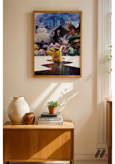 Pokemon Dedektif Pikachu Poster, Ahşap Çerçeveli Duvar Tablosu - Anime Severlere Özel Hediye