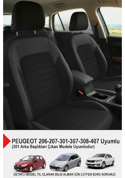 Mocha Taytüyü Oto Koltuk Kılıfı Peugeot 206-207-208-306-307-407 Uyumlu Siyah