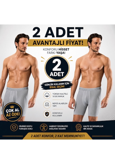 Erdem Erkek Füme 2 Adet Likralı Uzun Paça Boxer Kutulu- 1470fw