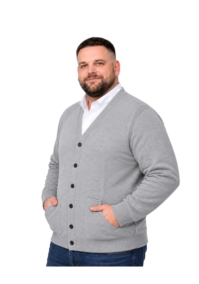 Battalmoda Erkek Büyük Beden Gri Cepli Düğmeli Triko Hırka 3xl-4xl-5xl-6xl