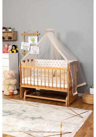 Ahşap Beşik Anne Yanı Beşik Vernikli 60x120 - Krem Nakış Yazısız Uyku Seti + Yatak Ahşap