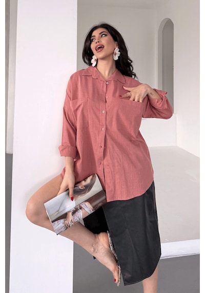 Paw Garage Kadın Harper Çift Cepli Oversize Keten Gömlek, 2025 Summer Collection Gül Kurusu