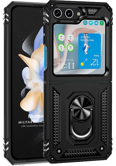 Microsonic Samsung Galaxy Uyumlu Z Flip 7 Fe Kılıf Military Ring Holder Siyah -