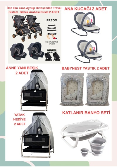 Yeni Doğan İkiz Bebek Çeyiz Seti Beşik Bebek Arabası Ana Kucağı Banyo Seti Baby Nest Siyah3