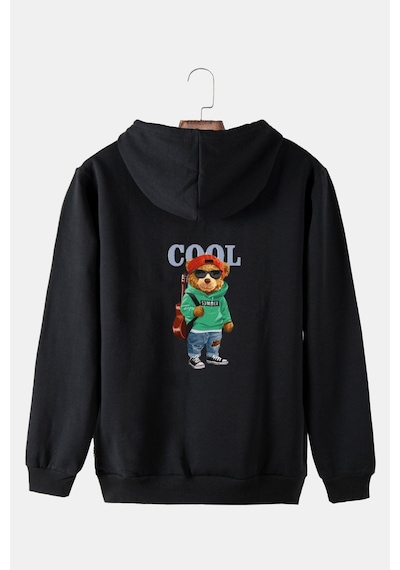 Unisex Siyah Kapüşonlu Arkası Cool Ayıcık Baskılı Slim Fit Kanguru Cepli Sweatshirt Siyah