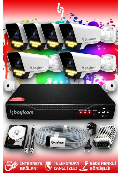 Bayicam 6 Kameralı Süper 6 Dış Kamera Set 500 GB 5 MP 2K Renkli Gece Görüşlü Güvenlik Kamerası Sistemi