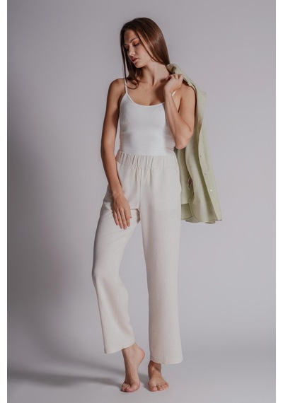 Braccas Kadın Keten Karışımlı Yandan Cepli Beli Lastikli Relaxed Fit Pantolon Naturel Naturel