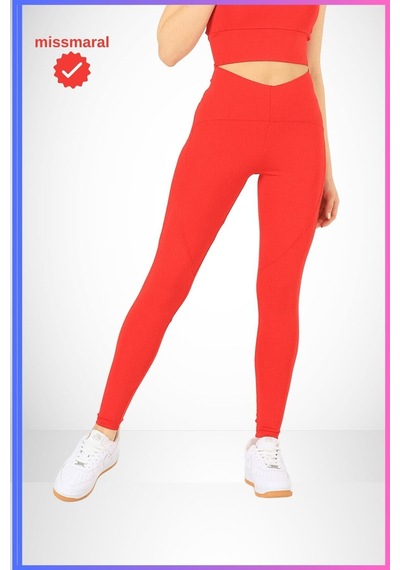 Missmaral Slim Fit Tayt Yüksek Bel Toparlayıcı Kırmızı Spor Model Flatlock Dikiş Detaylı Oslo 1090 Kırmızı