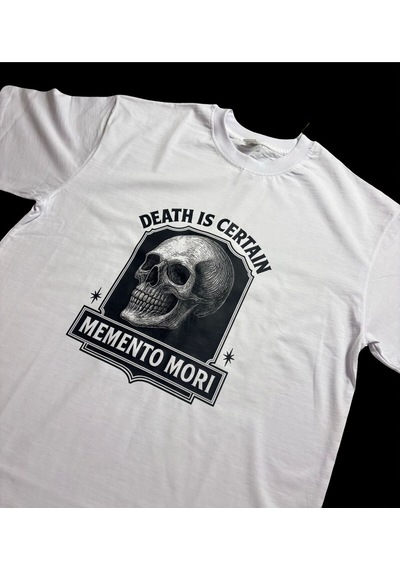 Dark Line Memento Mori Sırt Baskılı %100 Pamuk Unisex Beyaz Oversize T-shirt Beyaz
