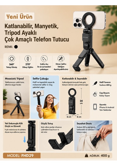 Katlanabilir Manyetik Tripod Telefon Tutucu 7.5 İnç Uyumlu Masaüstü Seyahat Tipi Ayarlanabilir Stand