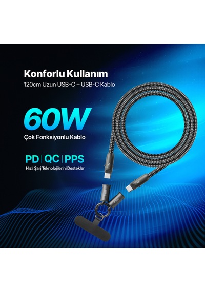 Ttec Extremecable Hip Çok Fonksiyonlu Ekstra Dayanıklı USB-C –USB-C 60W PD/Qc 120 CM Hızlı Şarj/Data Kablo Siyah
