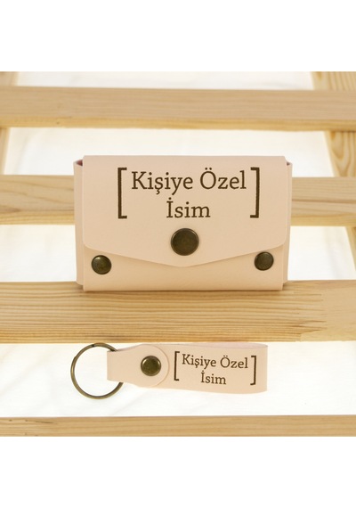 Miaju Pudra Renk İsme Özel Yüksek Kalite Bozuk Para Cüzdanı Ve Anahtarlık Seti, Kişisel Aksesuar Pudra