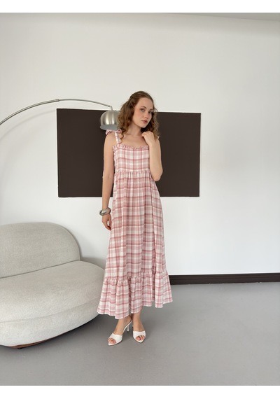 Verymoda Kadın Ekose Desenli Askı Bağlama Detaylı Maxi Elbise Pembe