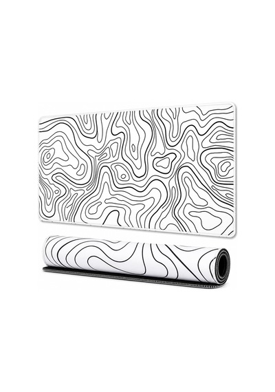 90x40 Cm Mouse Pad, Siyah Topografik Kontur Desenli Büyük Gaming Mouse Pad, Kaymaz Kauçuk Tabanlı, Dikişli Kenarlı