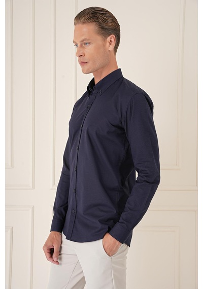 Efor Slim Fit Düğmeli Yaka Dokulu %100 Pamuk Klasik Lacivert Gömlek Gk 726 Lacivert