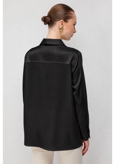 Mizalle Basic Siyah Saten Gömlek