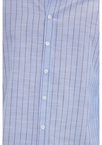 Tudors Erkek Slim Fit Dar Kesim Uzun Kollu %100 Pamuk Keten Doku Çizgili Gömlek-42648 Mavi