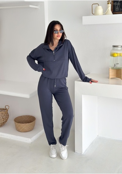 Gugus Kadın Yarım Fermuarlı Model Beli Lastikli Dar Paça Eşofman Takımı Füme