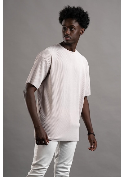 Oversize Bol Kesim Kalın Fitilli Bisiklet Yaka Kısa Kol T-shirt 001