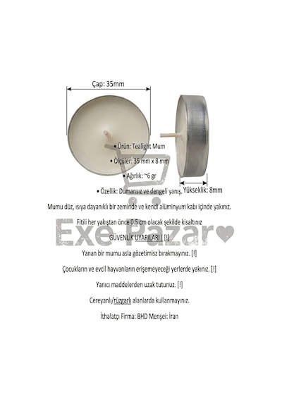 Exe Pazar Tealight Mum Paketi - 2,5 Saat Yanma Süreli Mini Mum Normal
