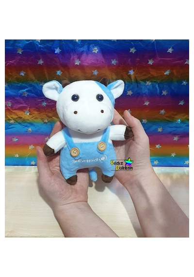 Sevimli Peluş İnek Oyuncak Yavru İnek 18 Cm Bebek Uyku Arkadaşı Oyun Arkadaşım Beyaz - mavi