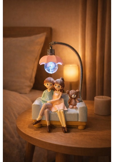 Romantik Çift Figürlü Işıklı Biblo Genç & Yatak Odası Dekoru - Sevgiliye Hediye, 18 Cm Pembe