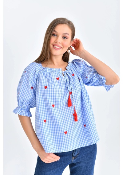 Park Karon Kadın Mavi Pötikare Yakası Fırfırlı Oversize Dokuma Bluz 001