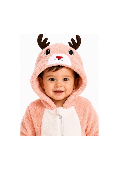 Tatlı Geyik Desenli Welsoft Bebek Tulumu Kapüşonlu Peluş Fermuarlı Kışlık Unisex Bebek Tulumu Somon