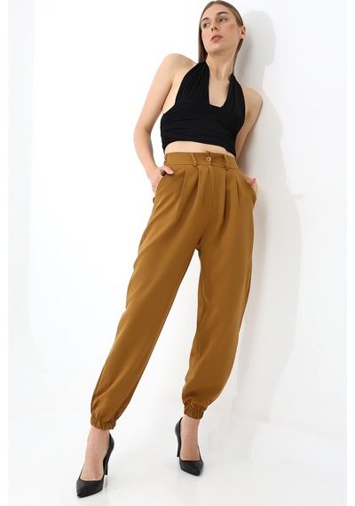 Winmoda34 Kadın Maskülen Paçası Lastikli Jogger Kumaş Pantolon Hardal